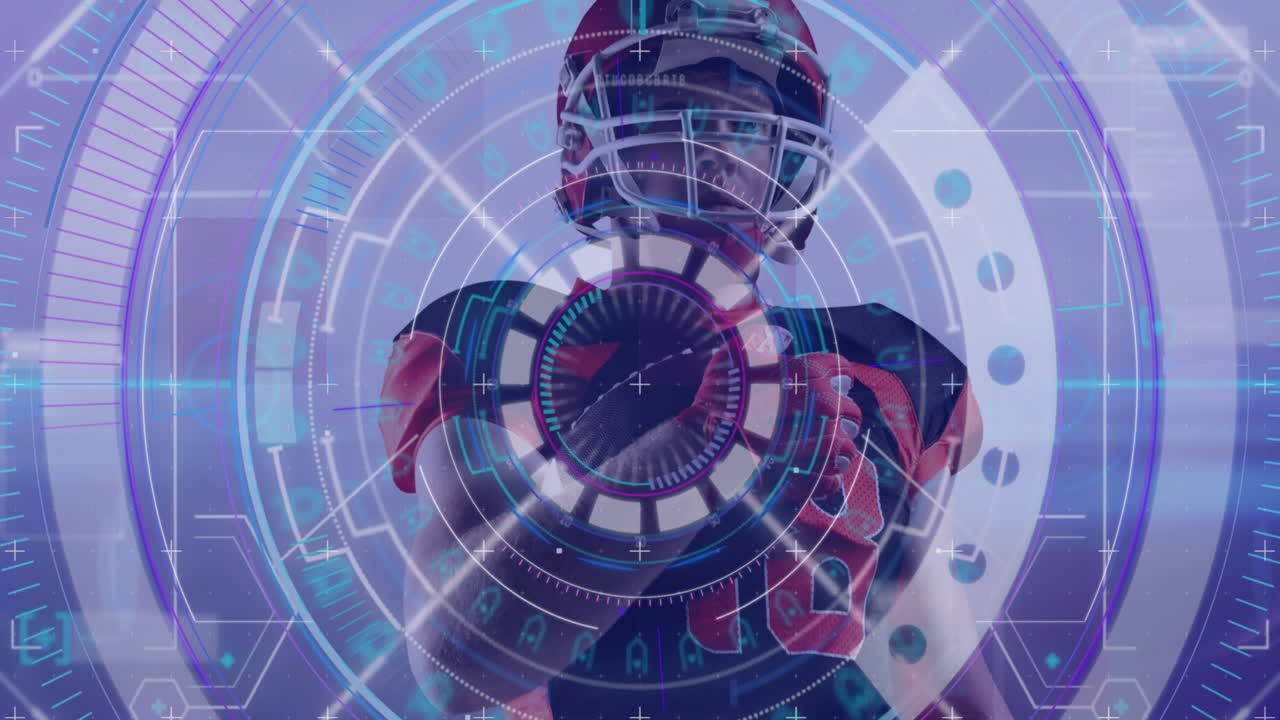 animación de la exploración del alcance sobre el jugador de fútbol americano masculino con la pelota