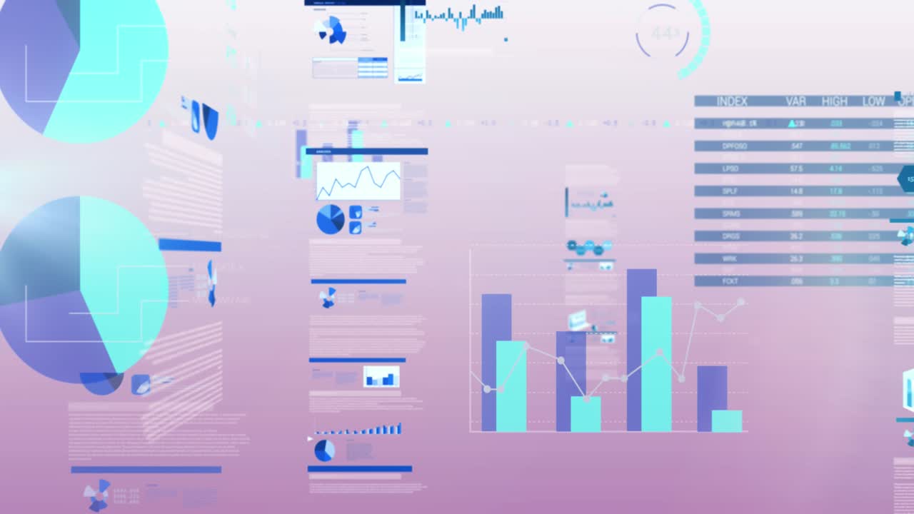 Animation of multiple graphs and trading board against gradient background
