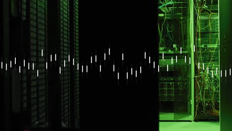 animación de líneas móviles que forman gráficos sobre el rack de servidor de datos iluminado en la sala de servidores.