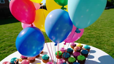 colorful cupcakes and balloons for a birthday party