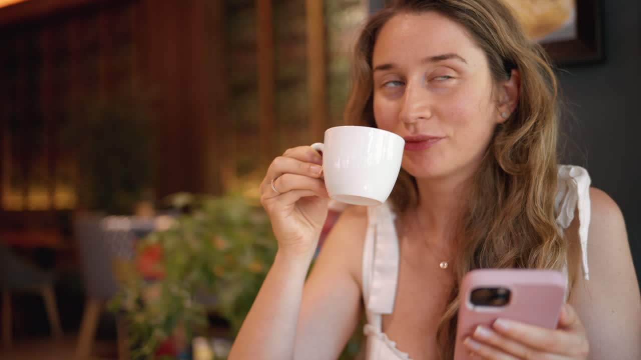 Mujer bebiendo una taza de café en un restaurante italiano, a cámara lenta