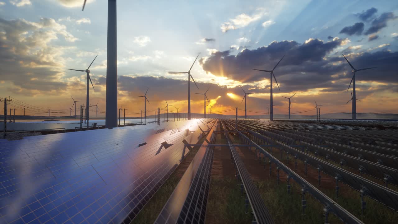 Solnedgang over en kombineret sol- og vindmøllepark