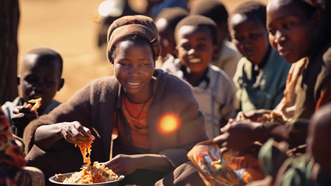 Small group of African children sharing meal together, sitting on ground with warm sunlight creating dramatic lens flare, revealing community connection and resilience