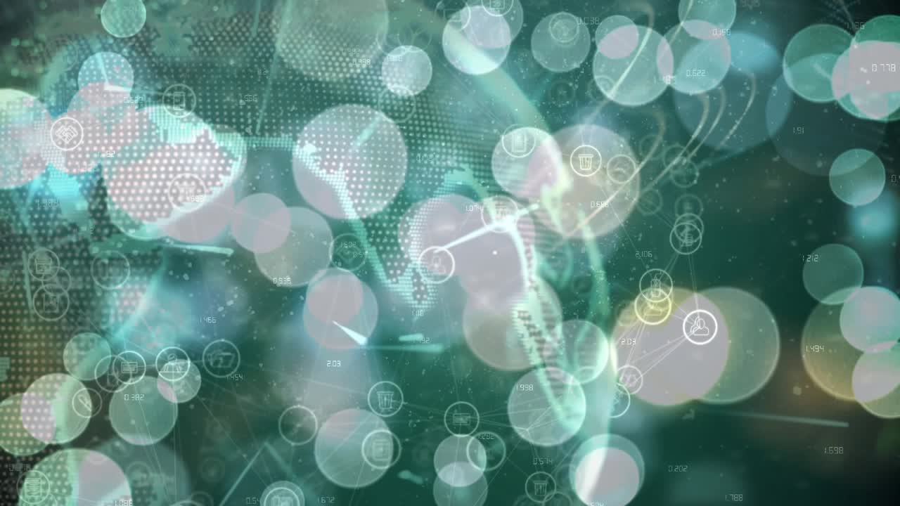 Opening 3D globe rotating, continents pulsing, data streams linking icons, visualizing data flow