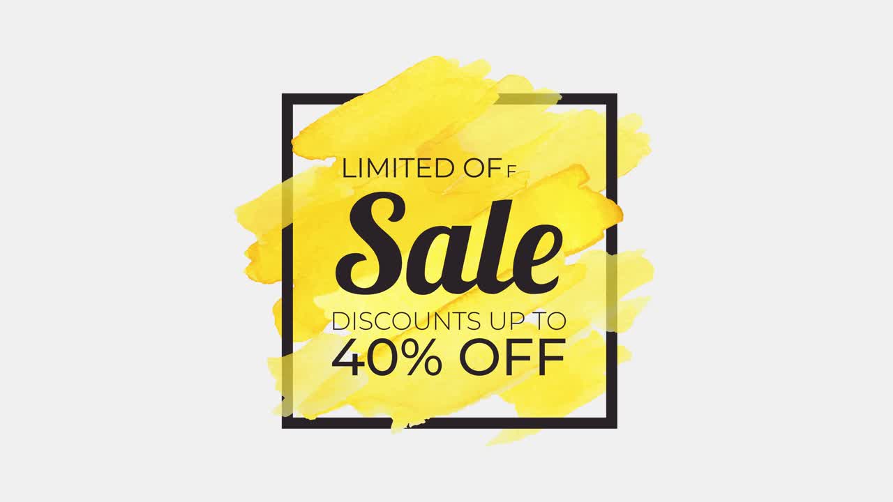 animazione del testo di vendita del 40% in un tratto quadrato con stile colorato pennelli ad acquerello