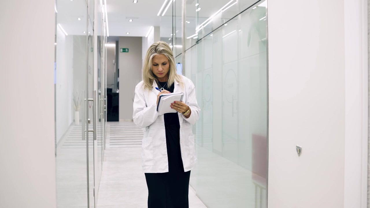 Médica Caminhando por Corredor de Hospital Escrevendo em Caderno