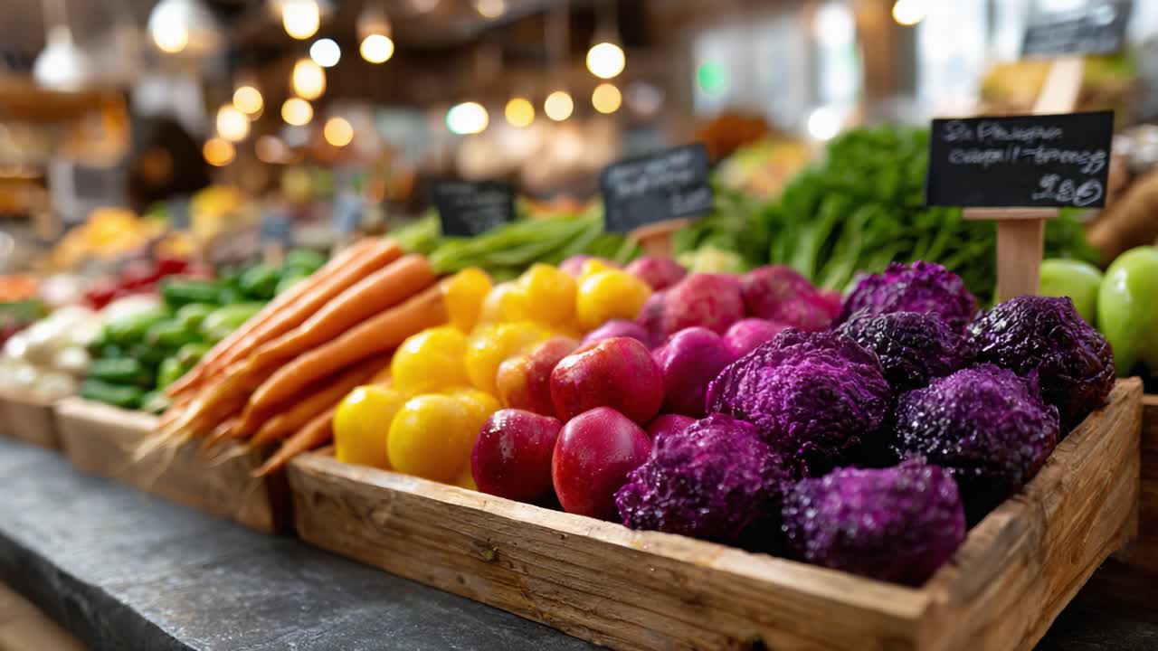 Vibrant Display of Fresh Produce: A Colorful Array of Fruits and Vegetables in a Marketplace Setting with an Inviting Atmosphere and Lively Colors