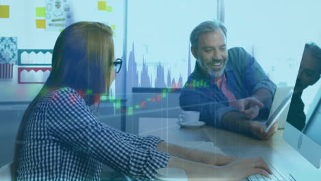 animation of financial data processing over diverse business people using tablet