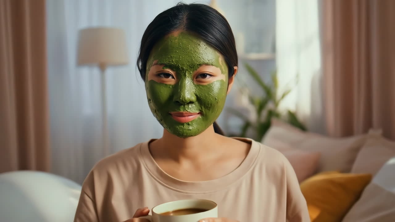 Woman with Green Face Mask Enjoys a Drink During Skincare Routine