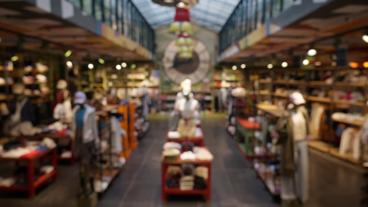 Blurred view of a clothing store with bright lights