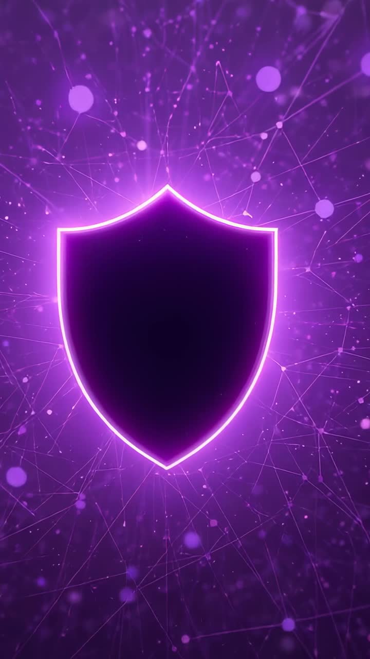 Vertical video: Pulsing purple neon shield with dark expanding halo in mesh with nodes and specks