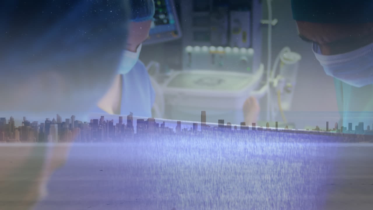 다양한 외과 의사들에 대한 도시 풍경의 애니메이션