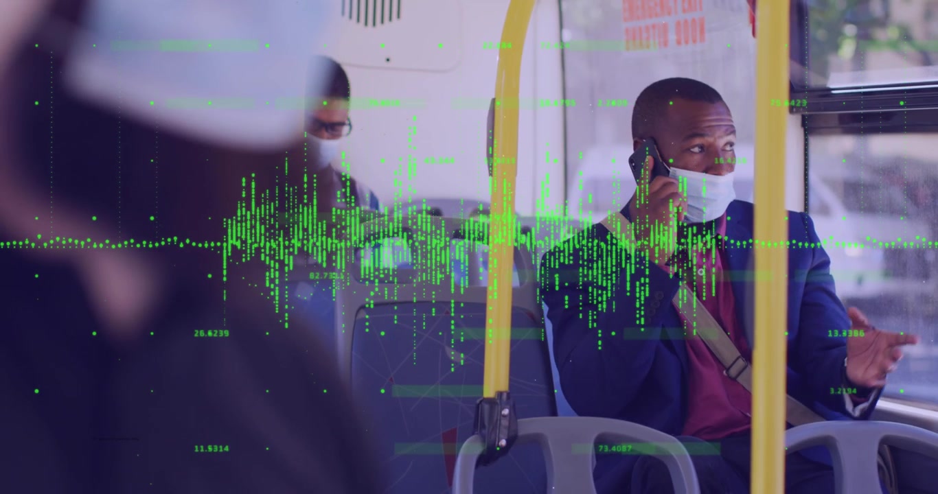 Animasjon av finansiell databehandling og folk med ansiktsmasker på buss