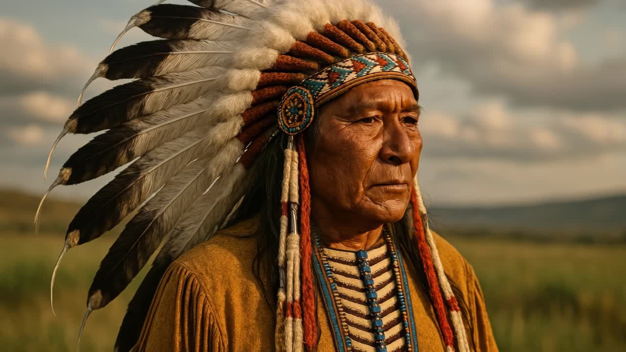 Ein filmisches Standbild einer Person in traditioneller Kleidung, auf Augenhöhe aufgenommen.