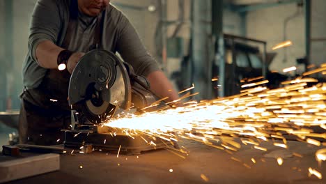 brutal man cuts metal grinder. sparks fly. close-up