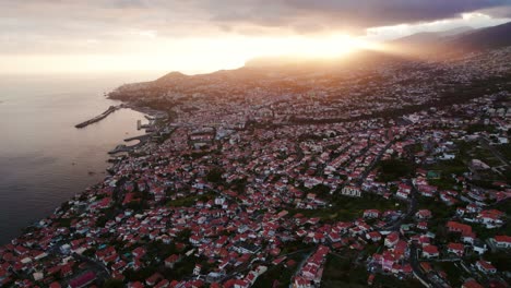 Sunset-at-Funchal,-Madeira,-Portugal,-Drone-aerial