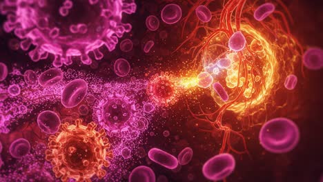 intricate interaction of cells: a detailed visualization of the dynamic relationship between various microorganisms and blood cells in a vibrant biological environment