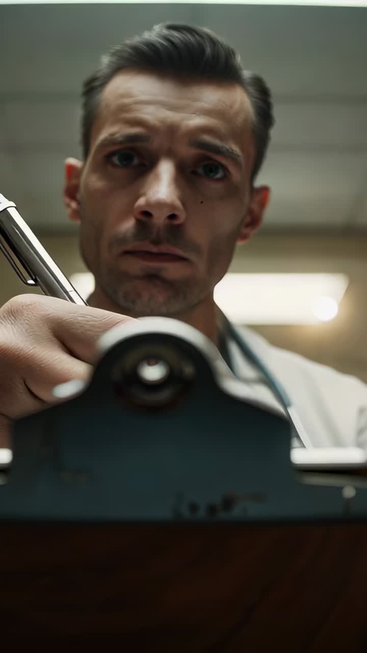 Vertical video: Leaning doctor reading clipboard in exam room, white coat, stethoscope, reassuring