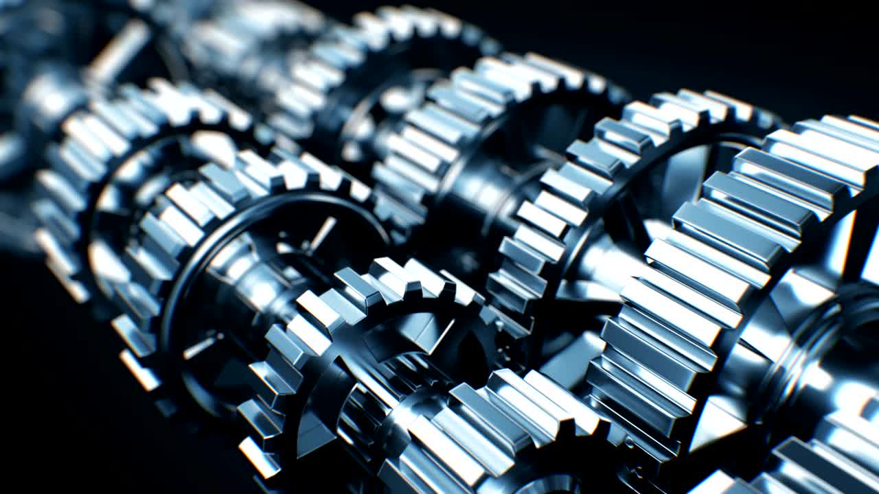 아름답게 작동하는 추상적인 금속 기어, 원활한 3d 애니메이션, 추상적인 작업 과정, 팀워크, 비즈니스 및 기술 개념