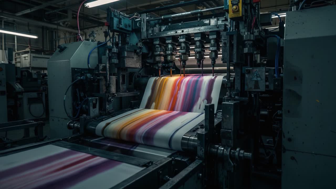 A Colorful Journey Through the Printing Process: Captivating Frames Displaying the Flow of Ink and Paper in an Industrial Printing Machine