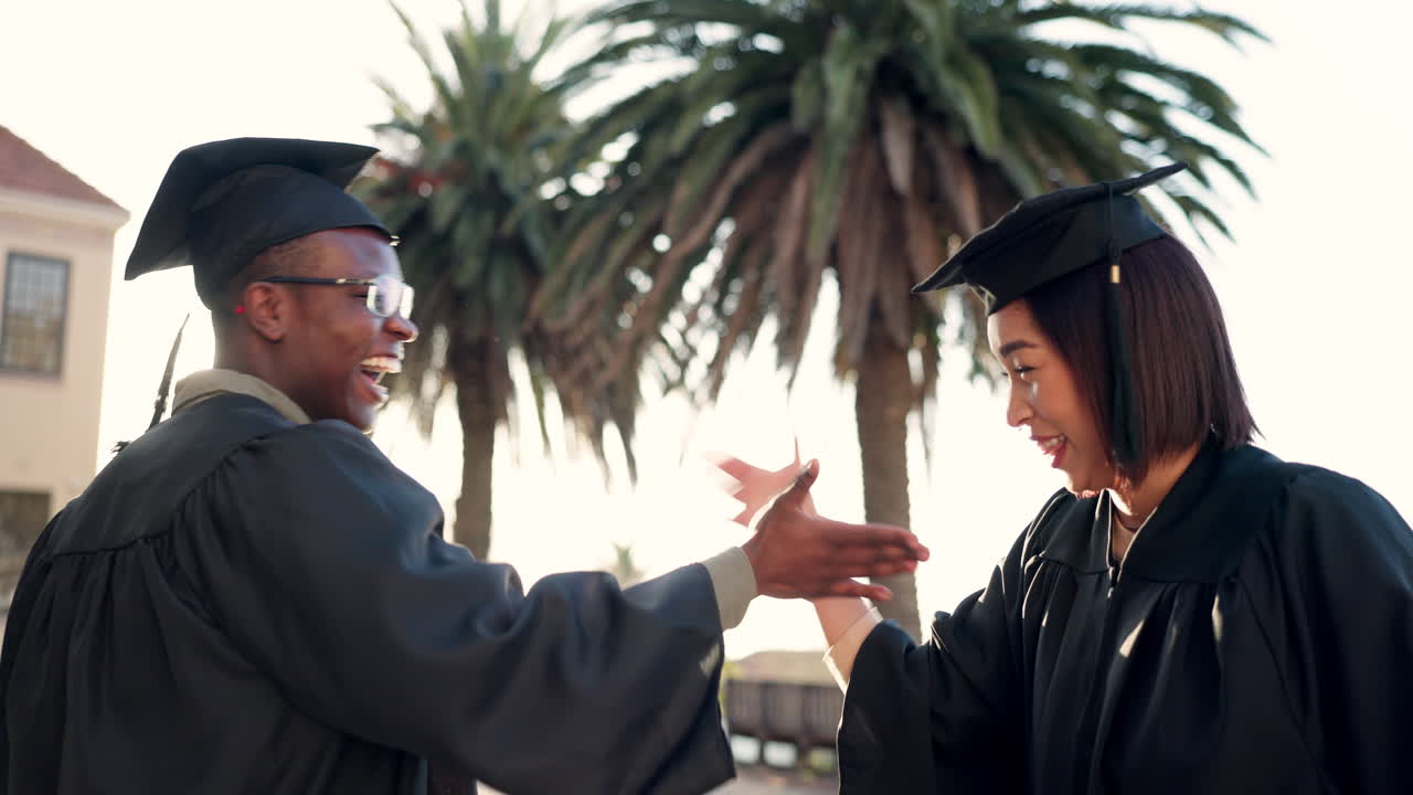 Happy friends, student and handshake in graduation