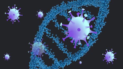 animation of virus cells and dna over black background