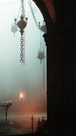 a dark and mysterious medieval chapel with candles and fog