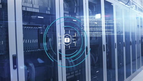 Animation of padlock icon and digital data processing over computer servers