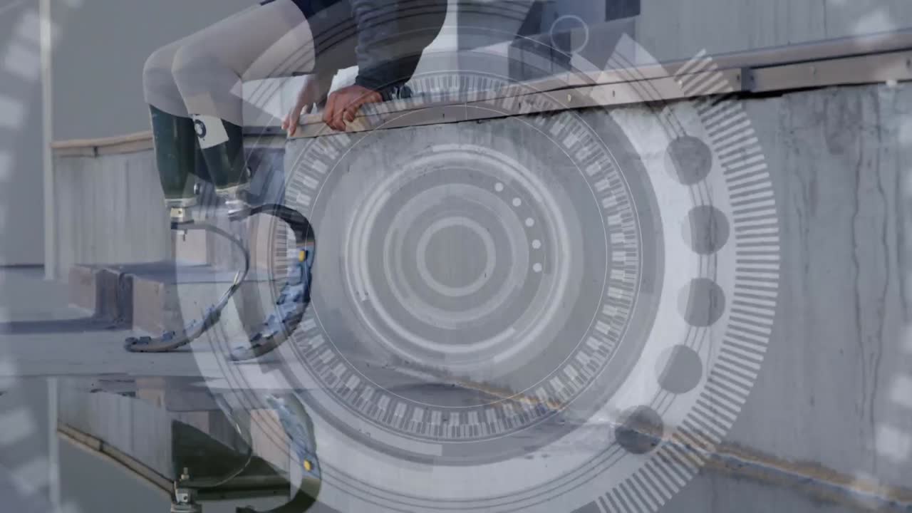 animación del procesamiento de datos con un atleta discapacitado con piernas protésicas