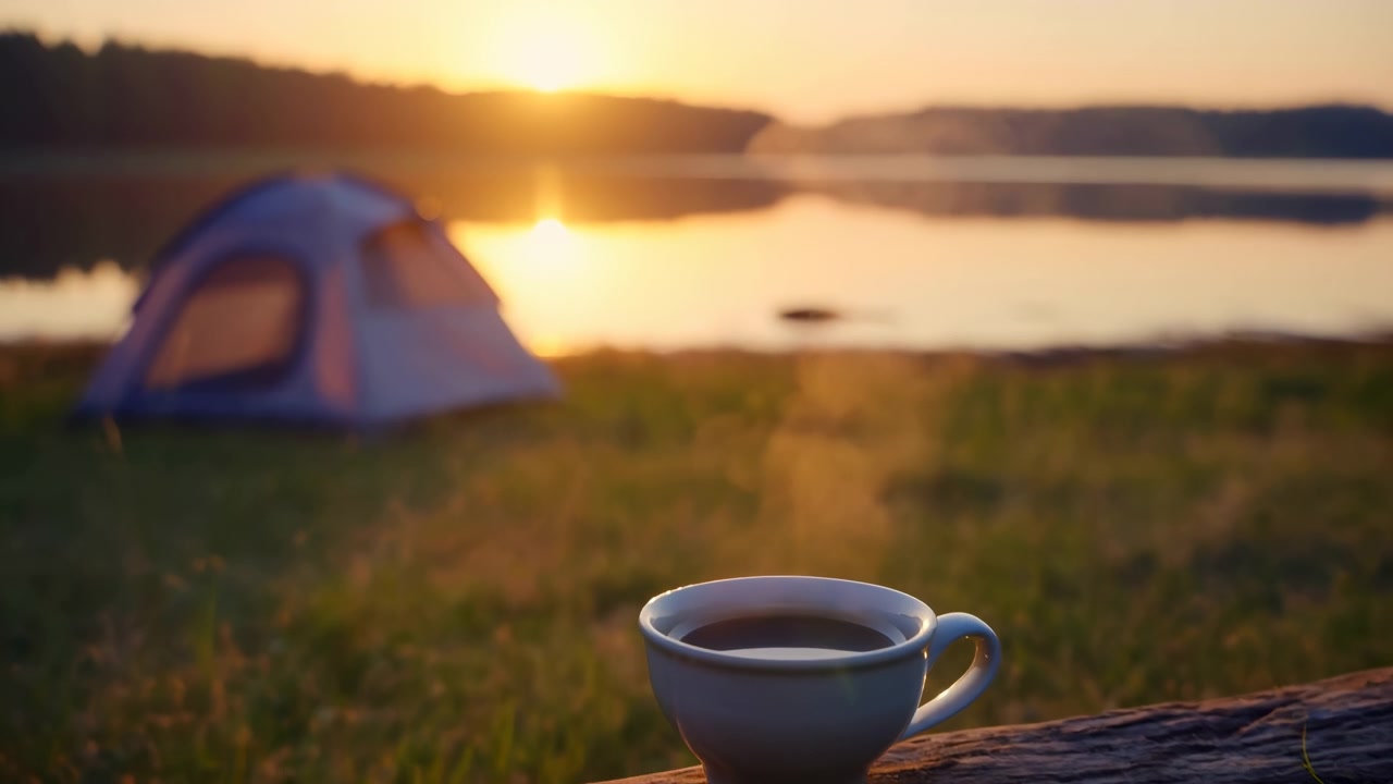 Weiße Tasse auf einem verwitterten Baumstamm im Vordergrund, nahe einem blauen Zelt an einem ruhigen Seeufer, mit goldenem Sonnenaufgangslicht, grasbewachsenem Ufer, Spiegelungen und weiter Ferne.