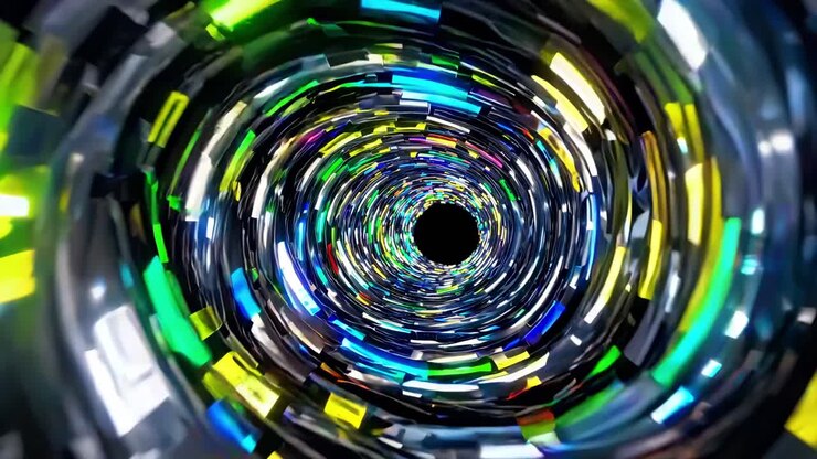 Vivid neon lights spiraling around dark central void, generating mesmerizing digital tunnel vortex with dynamic swirling motion, creating hypnotic visual energy through seamless abstract animation