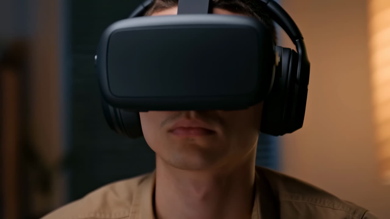Ung mand med VR-headset, fokuseret i dæmpet belyst rum med varmt baggrundslys, nærbillede viser hovedtelefoner