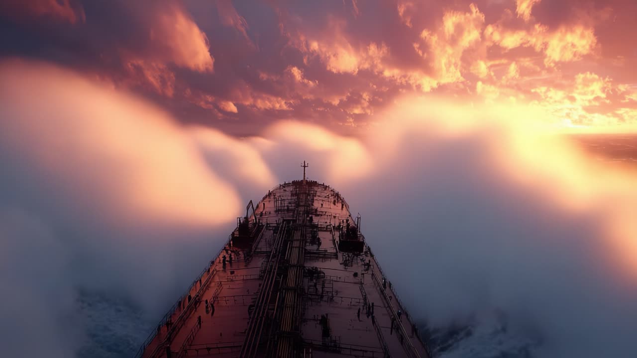 Un viaggio maestoso: catturare la bellezza di una nave che affronta onde tumultuose sotto un cielo vibrante al tramonto.