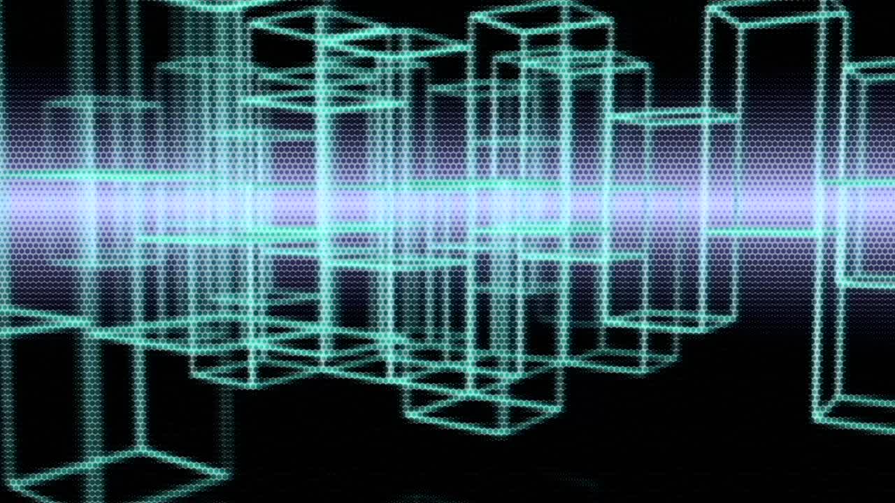 Computer generated animated moving motion background showing city landscape grids skylines
