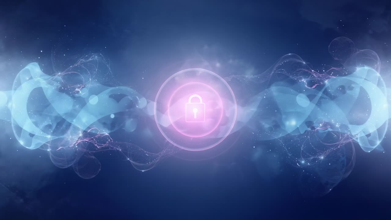 Avvio del loop, lucchetto luminoso che pulsa all'interno di anelli in una nebulosa blu scuro, nastri blu che segnalano la sicurezza