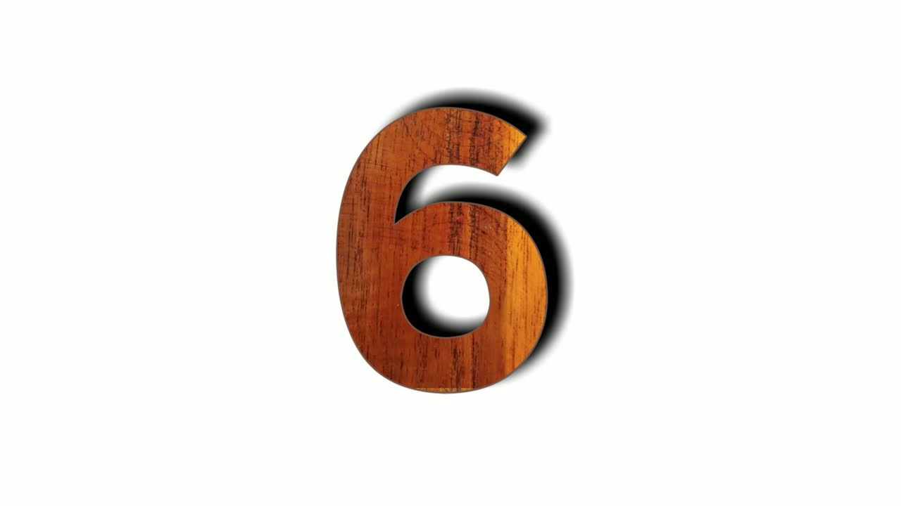 Wooden number 6 six animation isolated on white background. Motion graphics numbers sign symbol for video element
