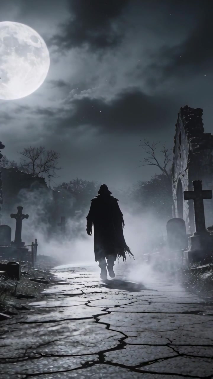 Video verticale: Figura incappucciata che cammina lungo un sentiero in un cimitero, con lapidi e arco illuminati dalla luna.