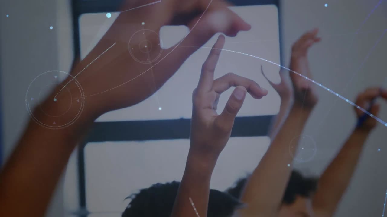 Animation of networks of connections over diverse schoolchildren raising hands