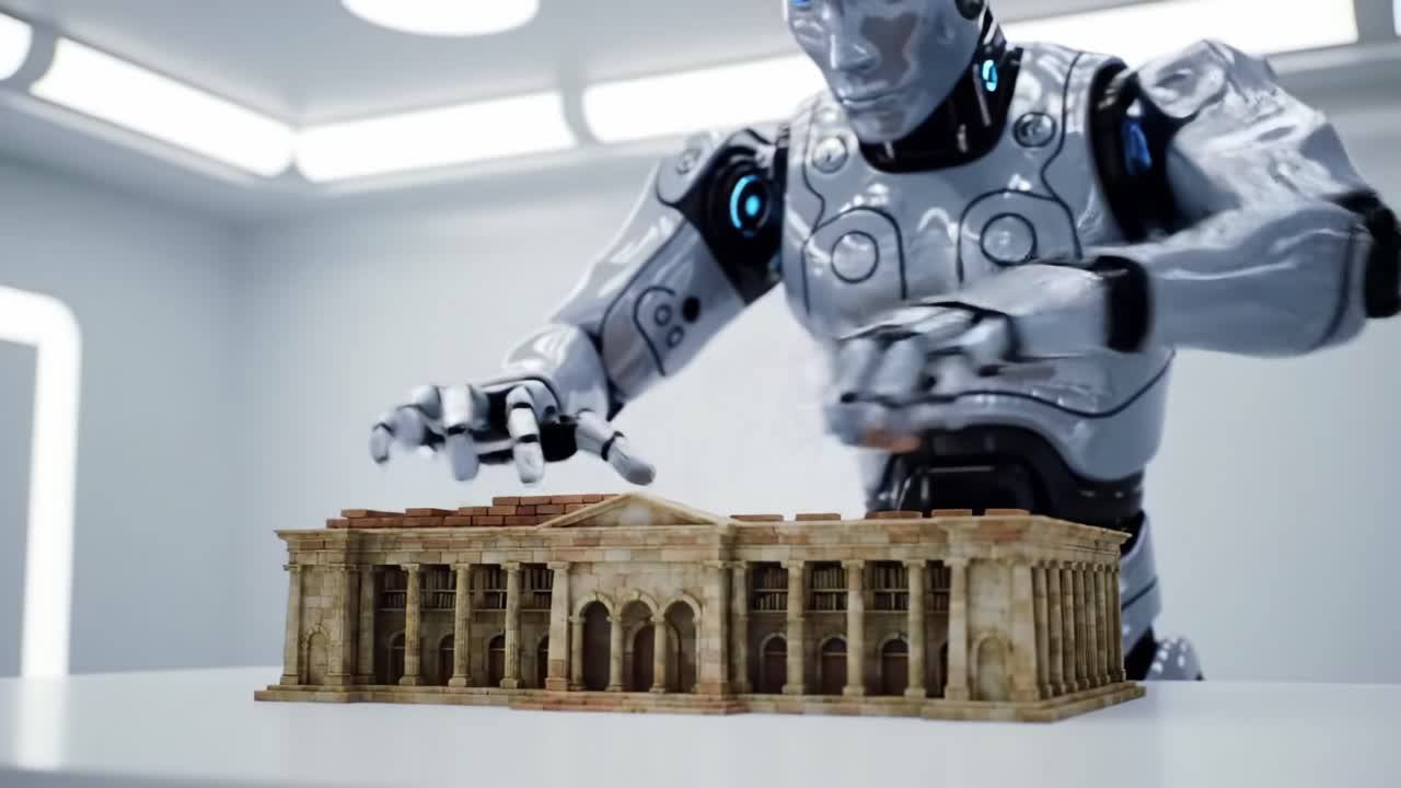 A robotic figure meticulously interacts with a detailed architectural model, showcasing advanced technology and intricate design in a controlled environment