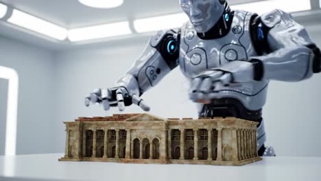 a robotic figure meticulously interacts with a detailed architectural model, showcasing advanced technology and intricate design in a controlled environment
