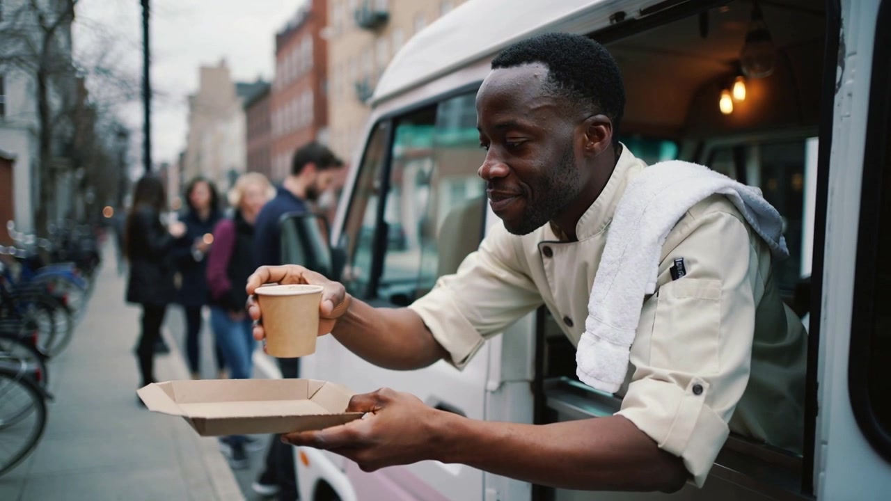Reaching vendor in chef shirt accepting box from client at truck window, placing cup, handing order