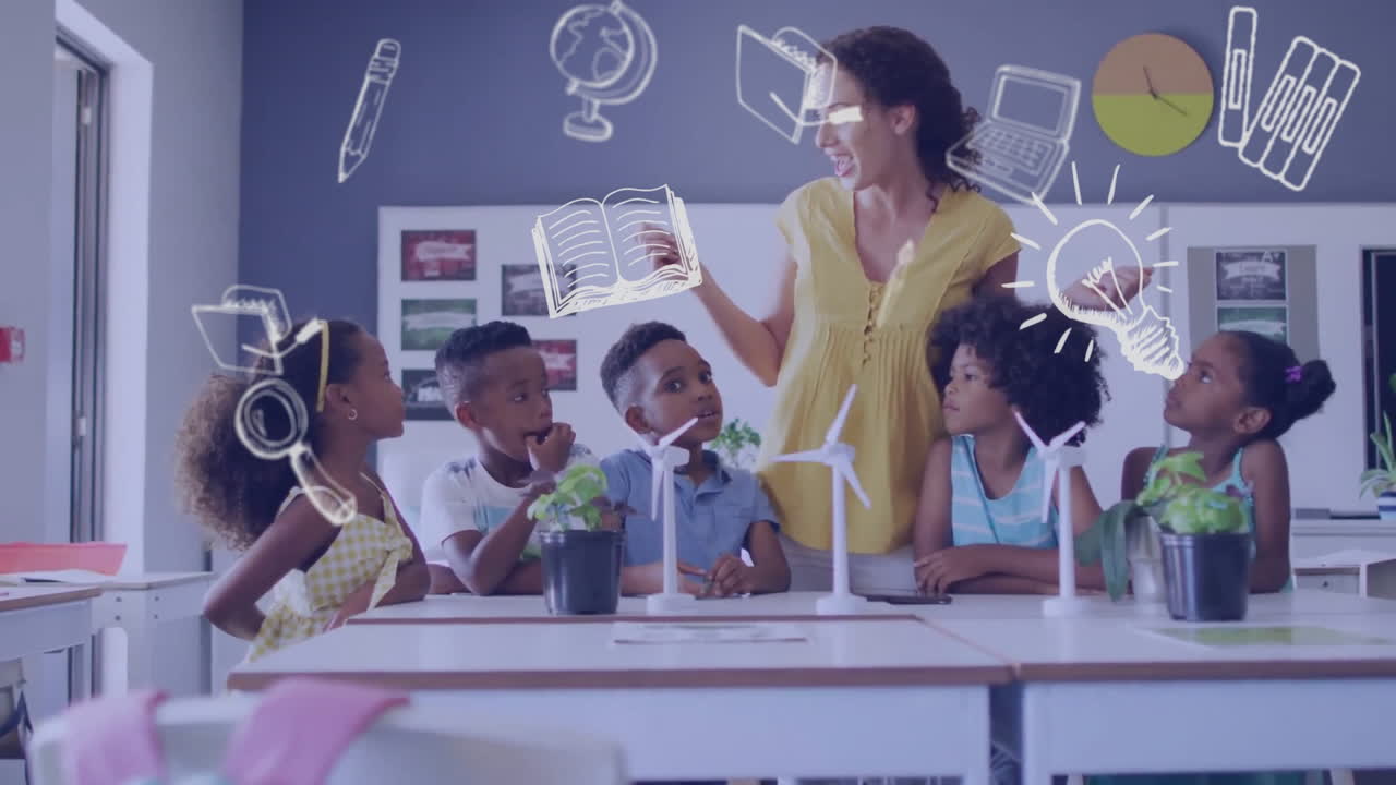 animación de iconos escolares sobre diversos escolares y maestras en el aula