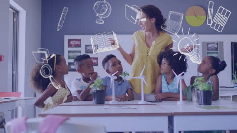animación de iconos escolares sobre diversos escolares y maestras en el aula