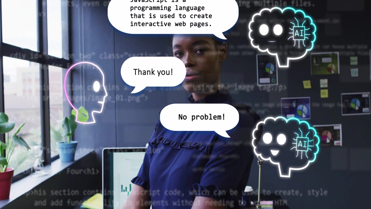 Woman, speech bubble asking Explain JS to her, AI brain converting binary to text for learning