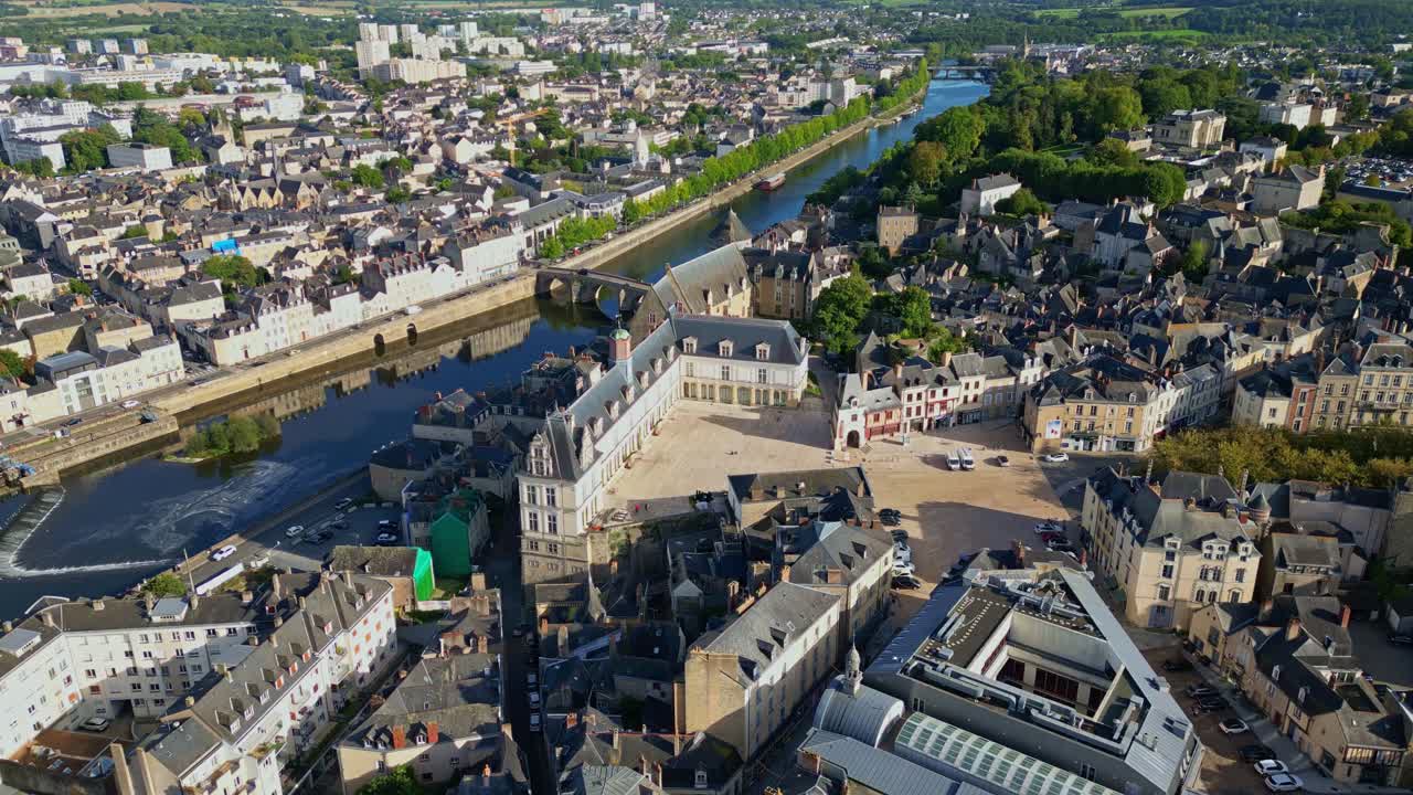 Laval cityscape with Mayenne River, Château neuf and Place de Trémoille, Laval Castle and Laval Cathedral from above, Mayenne, France
