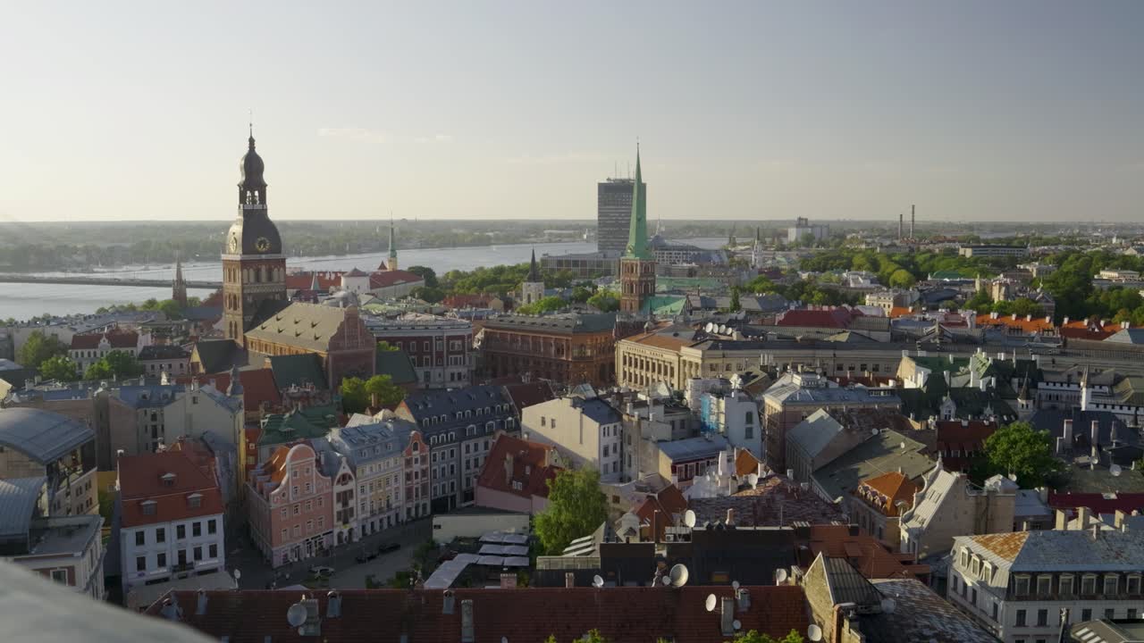 Stunning aerial view over historical old town of Riga, Latvia at sunset