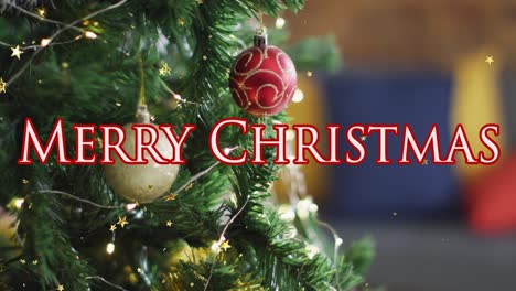 Merry-christmas-text-banner-and-golden-star-icons-floating-against-decorated-christmas-tree