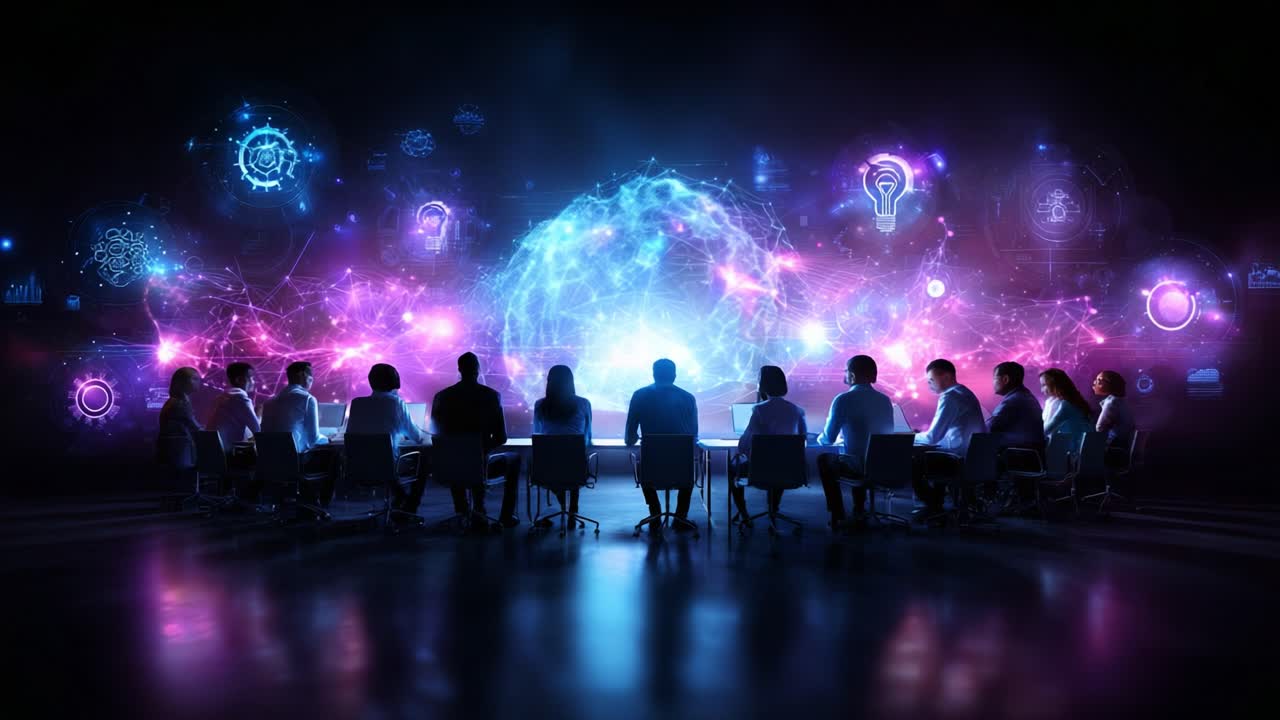 A group of individuals engaged in a futuristic brainstorming session, illuminated by vibrant digital projections representing innovation and technology during a collaborative discussion