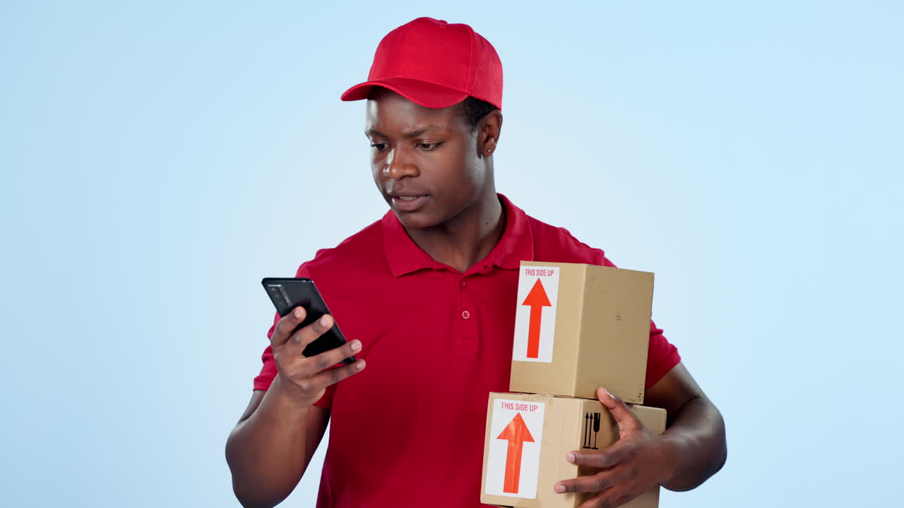 Box, green screen or delivery guy with phone