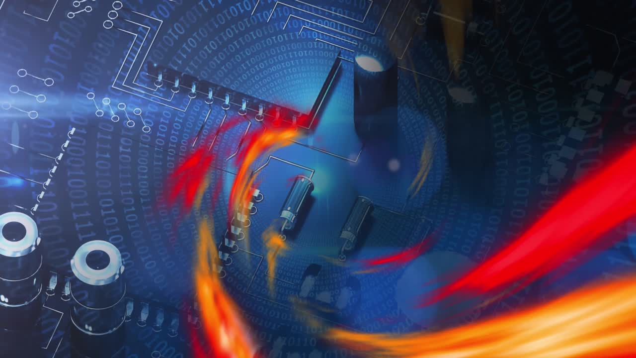 Animation of blue lights moving over glowing hexagonal shapes and yellow parallel curves on black